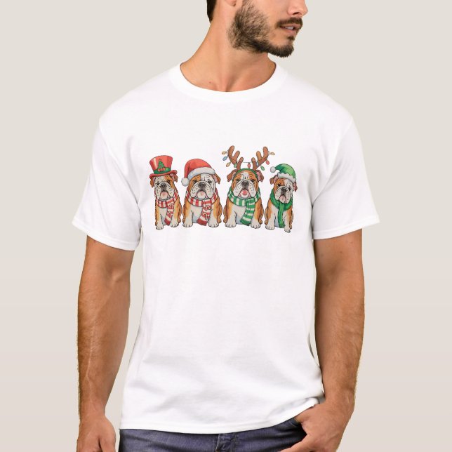 Christmas English Bulldog Dog Santa Hat Reindeer T Shirt (Framsida)
