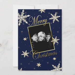 CHRISTMAS - ENSKILD FOTO - SNÖFLINGOR - NAVY/GULD JULKORT