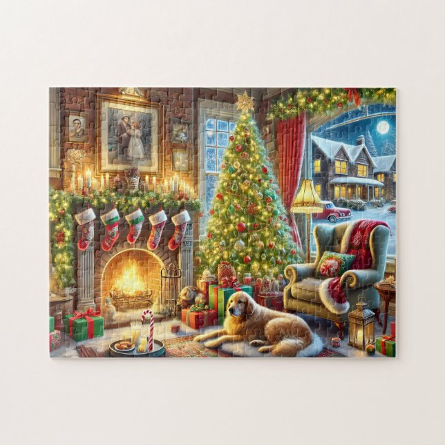 Christmas Eve Golden Retriever Cozy Fireplace  Pussel (Horisontell)