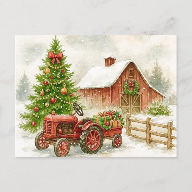 Christmas Farm Morning Red Tractor Barn Postcard Helg Vykort (Framsida)