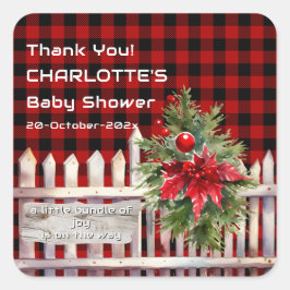 Christmas Fence Buffalo Plaid Baby Shower Fyrkantigt Klistermärke