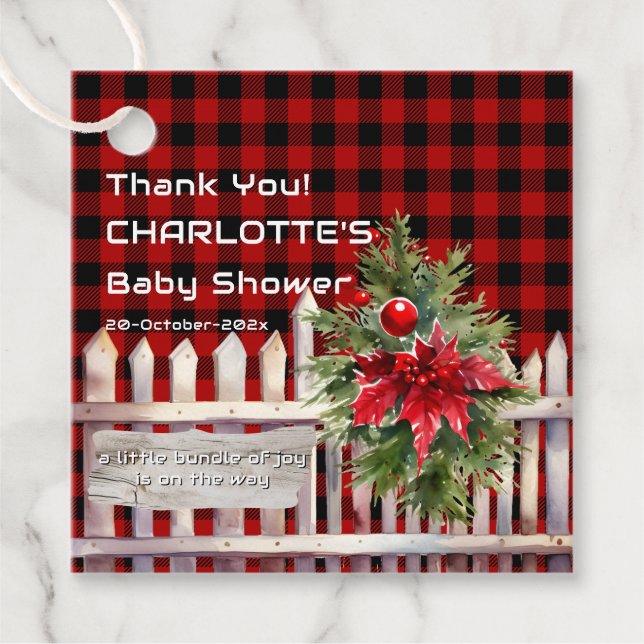 Christmas Fence Buffalo Plaid Baby Shower Gåvor Etiketter (Framsida)