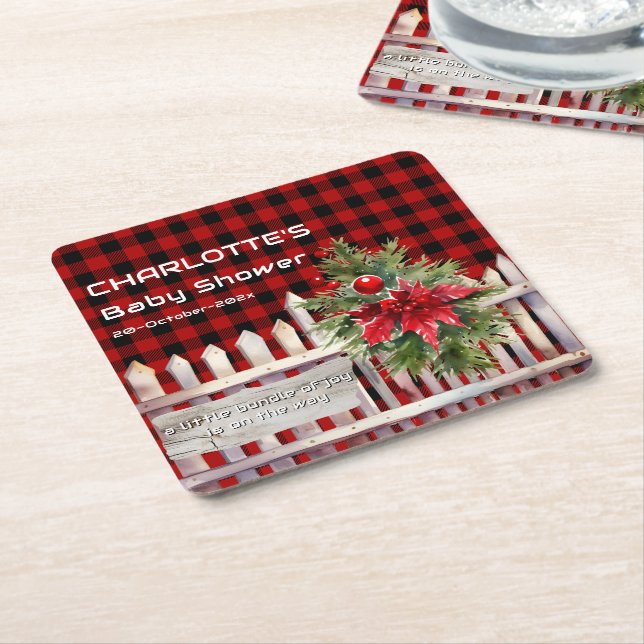 Christmas Fence Buffalo Plaid Baby Shower Underlägg Papper Kvadrat (Vinklad)