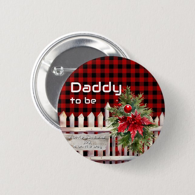 Christmas Fence Buffalo Plaid Daddy-to-be Knapp (Framsida & baksida)