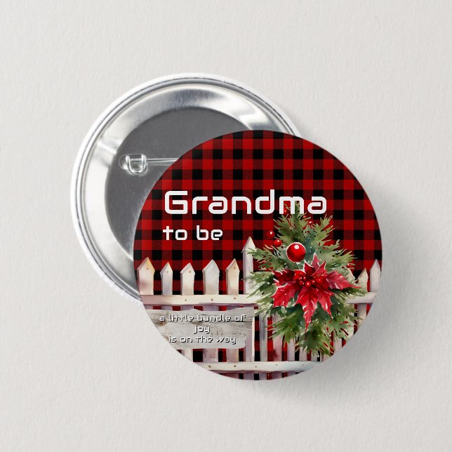 Christmas Fence Buffalo Plaid Grandma-to-be Knapp (Framsida & baksida)