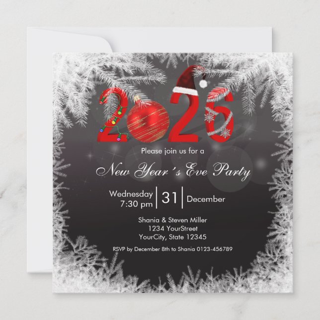 Christmas Festive Red  2026 New Year's Eve Party Inbjudningar (Framsida)