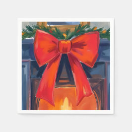 Christmas Fireplace | Red Bow Merry Watercolor  Pappersservett