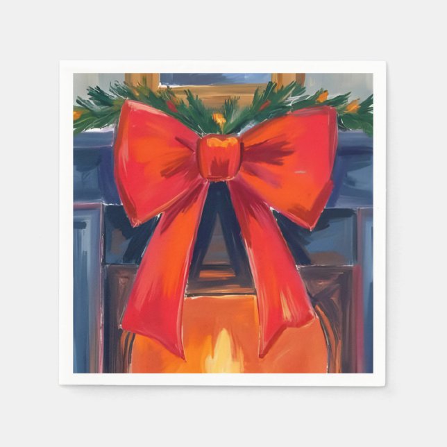 Christmas Fireplace | Red Bow Merry Watercolor  Pappersservett (Framsidan)