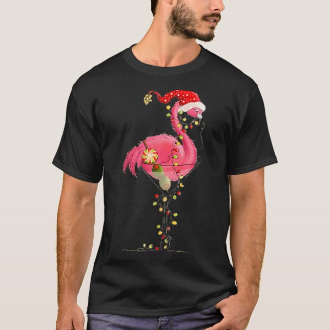 Christmas Flamingo In Martini Gl For Trocal Holida T Shirt (Framsida)