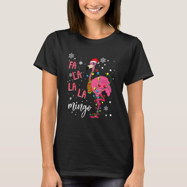 Christmas Flamingo Santa Hat Xmas Lights Flamingo  T Shirt (Framsida)