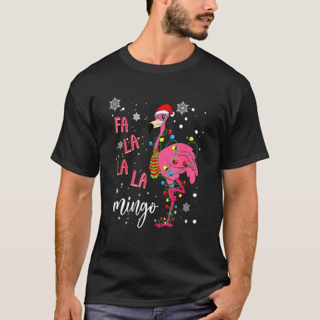 Christmas Flamingo Santa Hat Xmas Lights Flamingo  T Shirt (Framsida)