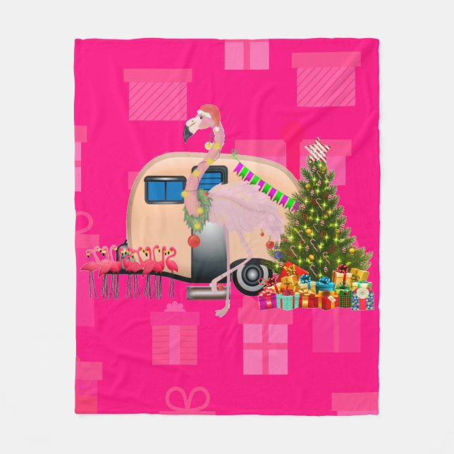 Christmas flamingo-släpfordon fleecefilt (Framsidan)