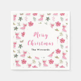 Christmas Floral Pink Ice Skates Merry Christmas Pappersservett