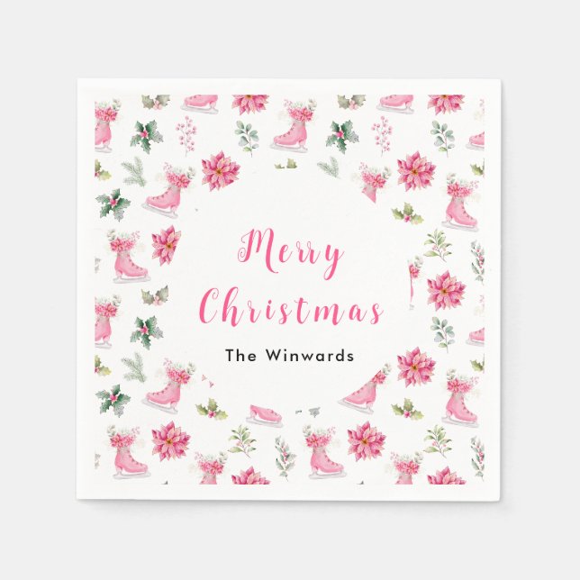 Christmas Floral Pink Ice Skates Merry Christmas Pappersservett (Framsidan)