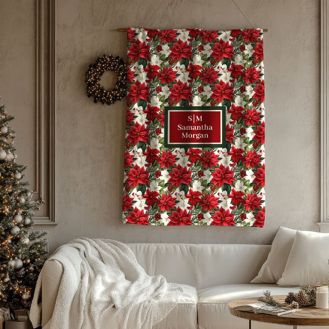 Christmas Flowers Blanket Chic Red Green Accent Fleecefilt (Christmas Flowers Blanket Chic Red Green Accent)