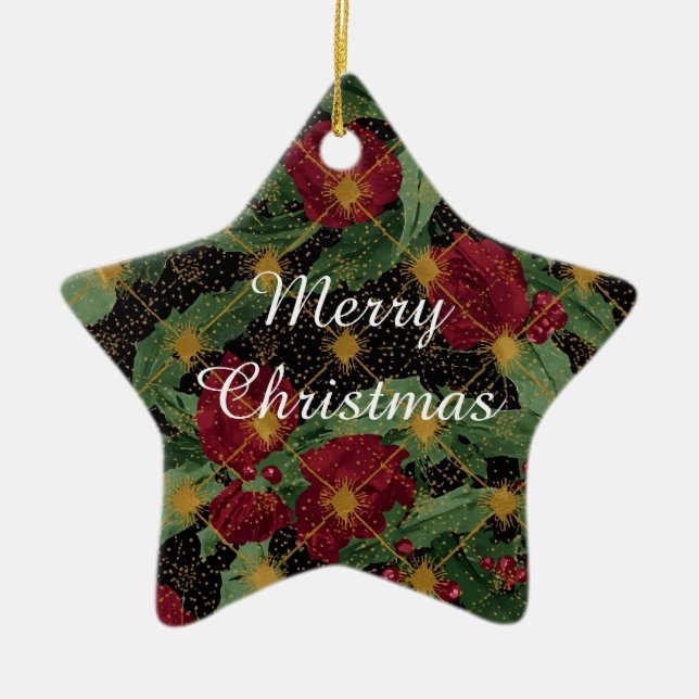 Christmas Flowers Pattern,Gold Red Green Black  Julgransprydnad Keramik (Framsidan)