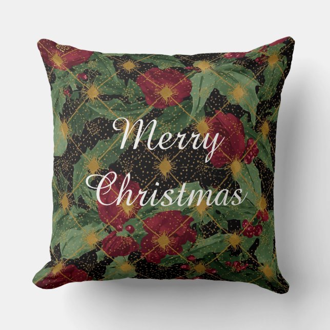 Christmas Flowers Pattern,Gold Red Green Black Kudde (Framsida)