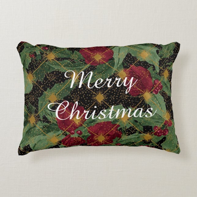 Christmas Flowers Pattern,Gold Red Green Black Prydnadskudde (Framsidan)