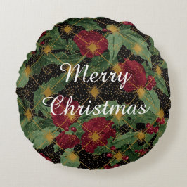 Christmas Flowers Pattern,Gold Red Green Black Rund Kudde