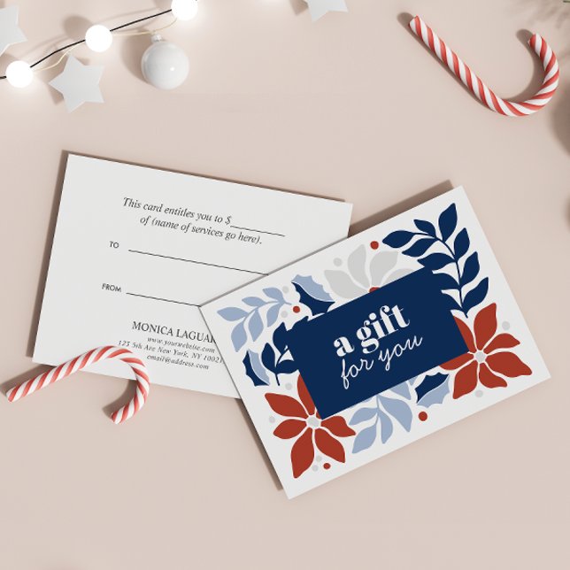 CHRISTMAS FLOWERS RED BLUE SILVER SPECIELL (GIFT CERTIFICATE CHRISTMAS THEMED WITH BLUE LEAVES AND RED FLOWERS AND BERRIES. )