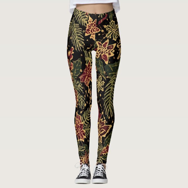 Christmas Flowers ,Red Gold Black, Merry Christmas Leggings (Framsida)