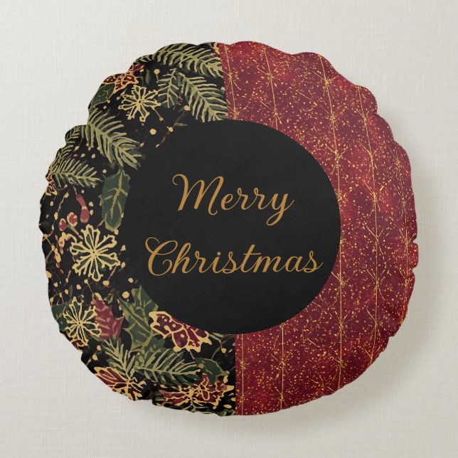 Christmas Flowers ,Red Gold Black,Merry Christmas Rund Kudde (Framsidan)