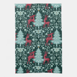 Christmas Folk Art Red Reindeer and Tree Kökshandduk