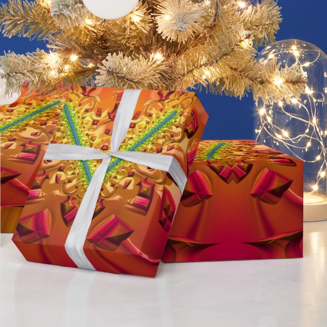 CHRISTMAS ~ Fractal Mönster Guld Grönt Red ~ Presentpapper (Helgdagar)