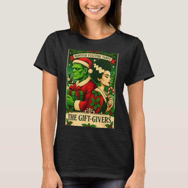 Christmas Frankenstein And Bride The Lovers Tarot  T Shirt (Framsida)
