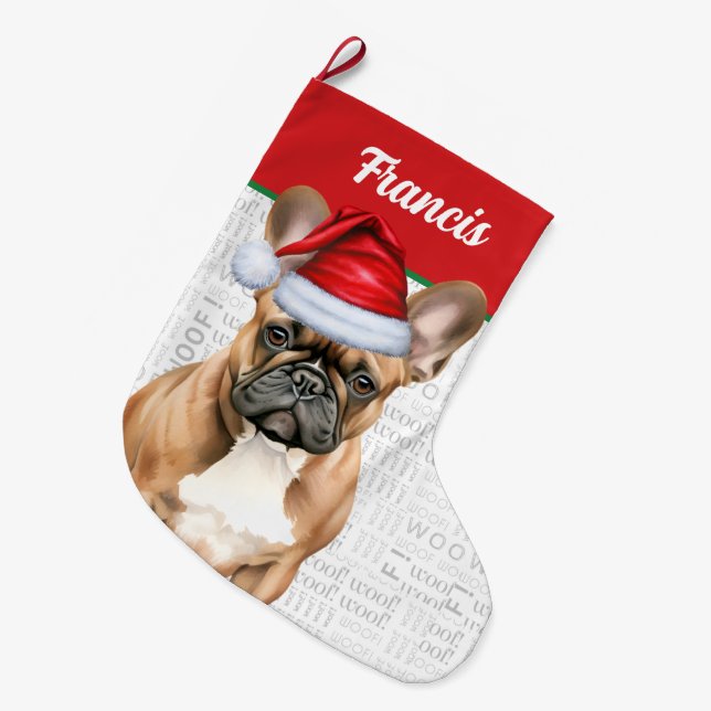 Christmas French Bulldog with Name Woof Background Stor Julstrumpa (Framsidan (Hängande))