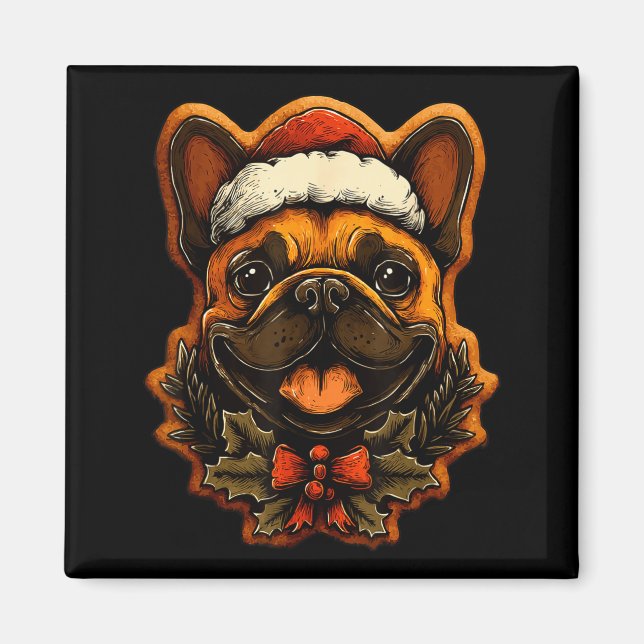 Christmas French Bulldog With Santa Hat Gingerbrea Magnet (Framsidan)
