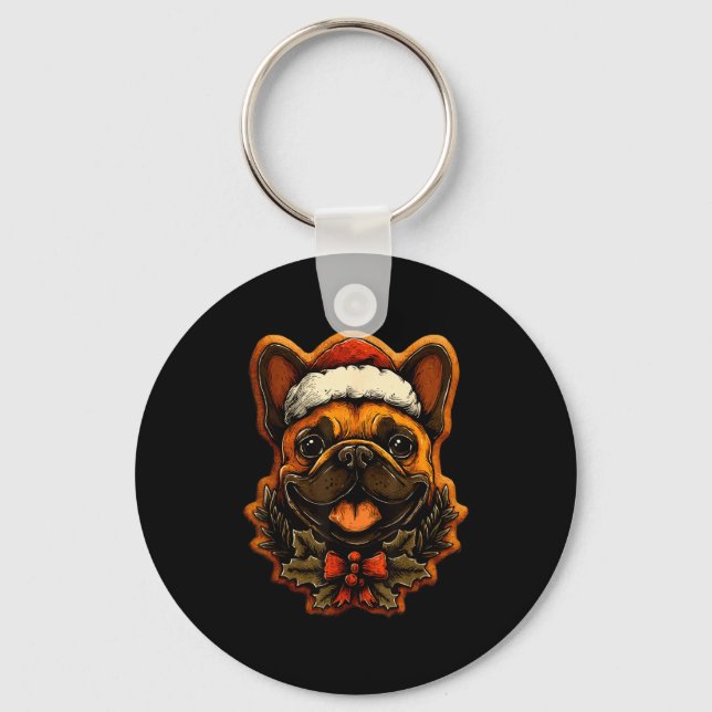 Christmas French Bulldog With Santa Hat Gingerbrea Nyckelring (Framsida)