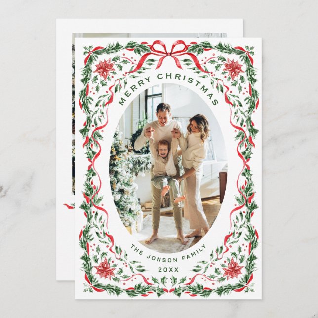 Christmas Funky Whimsical Red Bow Wreath 2 Photo Julkort (Fram/baksida)