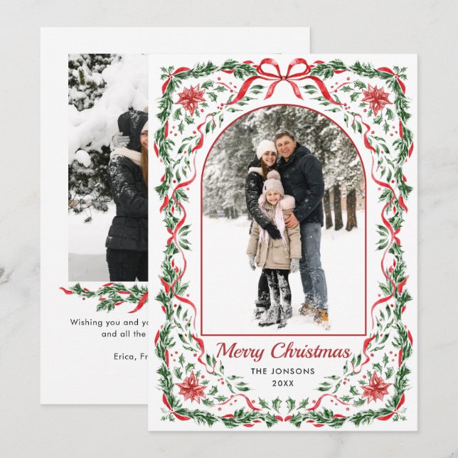 Christmas Funky Whimsical Red Bow Wreath 2 Photo Julkort (Fram/baksida)