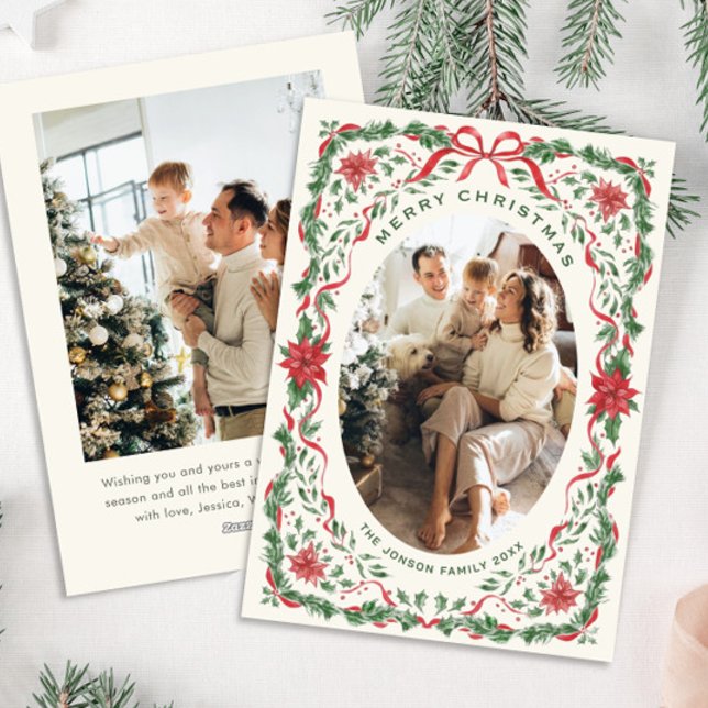 Christmas Funky Whimsical Red Bow Wreath 2 Photo Julkort (Skapare uppladdad)