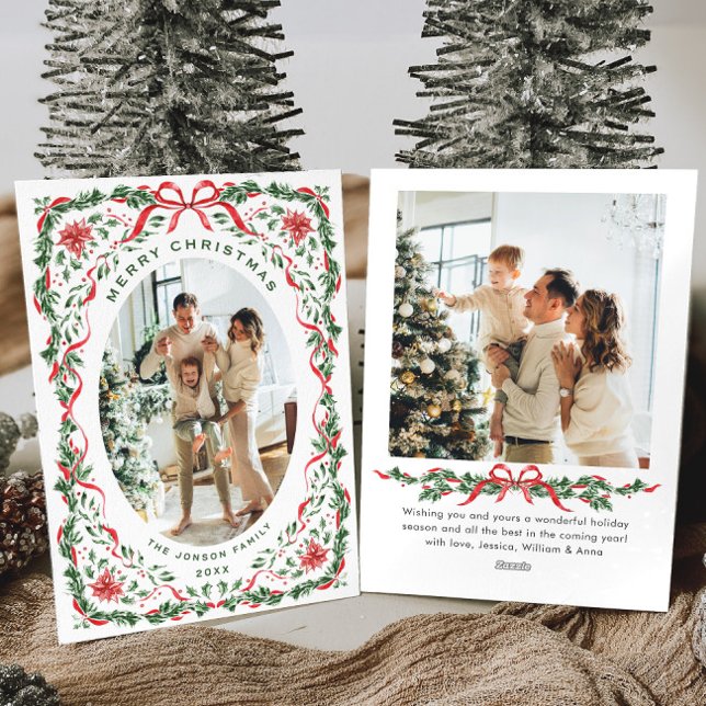 Christmas Funky Whimsical Red Bow Wreath 2 Photo Julkort (Skapare uppladdad)