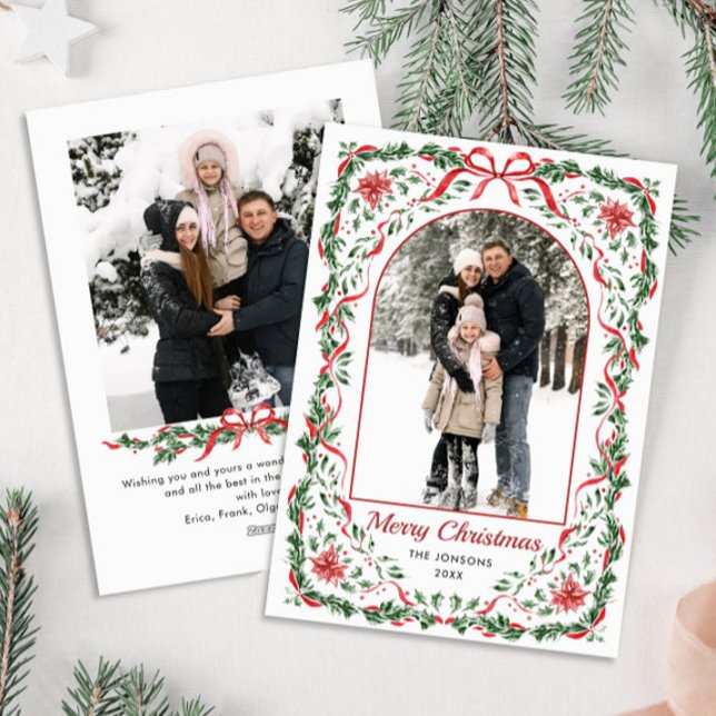 Christmas Funky Whimsical Red Bow Wreath 2 Photo Julkort (Skapare uppladdad)