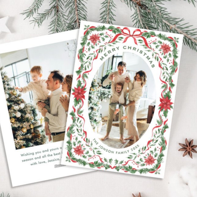 Christmas Funky Whimsical Red Bow Wreath 2 Photo Julkort (Skapare uppladdad)