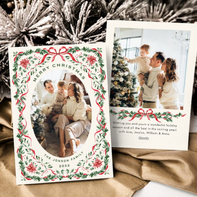 Christmas Funky Whimsical Red Bow Wreath 2 Photo Julkort (Skapare uppladdad)