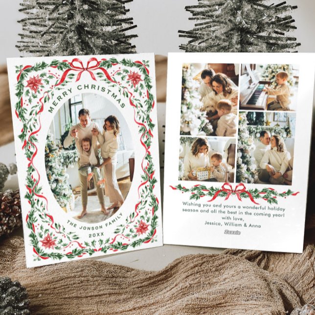 Christmas Funky Whimsical Red Bow Wreath 5 Photo Julkort (Skapare uppladdad)