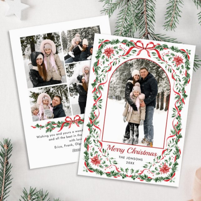 Christmas Funky Whimsical Red Bow Wreath 5 Photo Julkort (Skapare uppladdad)