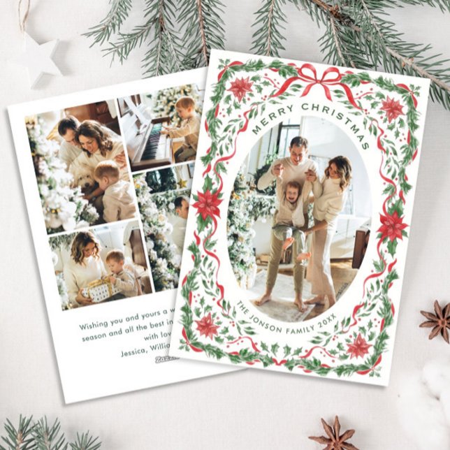 Christmas Funky Whimsical Red Bow Wreath 5 Photo Julkort (Skapare uppladdad)