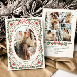 Christmas Funky Whimsical Red Bow Wreath 5 Photo Julkort