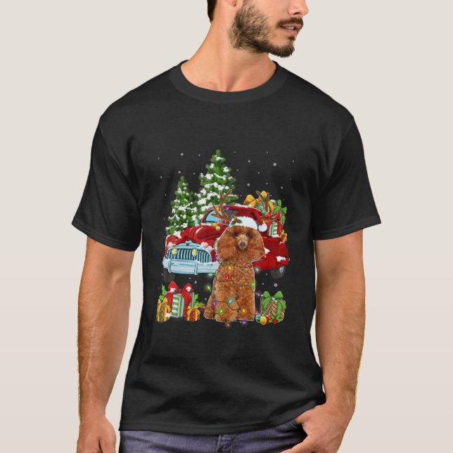 Christmas Funny Pajama Poodle Dog And Red Trucks X T Shirt (Framsida)