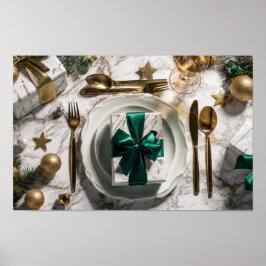 Christmas Gift Box with Green Ribbon on Festive Ta Poster