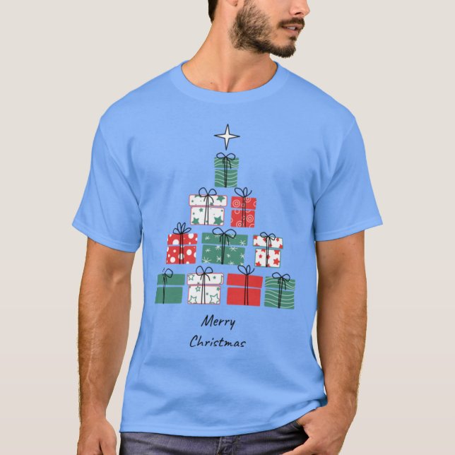 Christmas gift boxes stacked in the shape of a tre t shirt (Framsida)