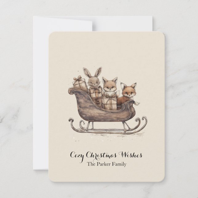 Christmas Gift Design Rustic Sleigh Woodland Anima Julkort (Framsida)