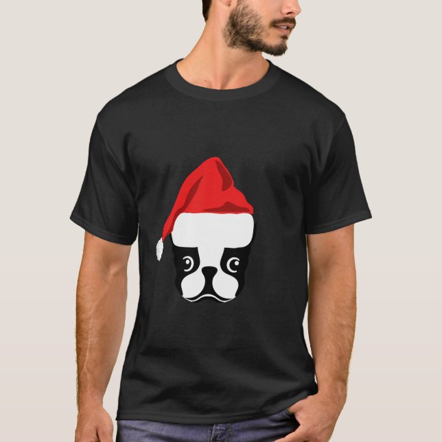 Christmas Gift for Dog Lover Funny Santa Hat Bosto T Shirt (Framsida)