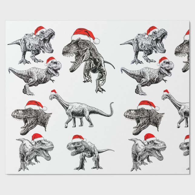 CHRISTMAS GIFT WRAP MED DINOSAURS MED SANTA HATS PRESENTPAPPER (Platt)