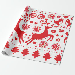 CHRISTMAS GIFT WRAP SCANDINAVIAN REINDEER IN RED PRESENTPAPPER